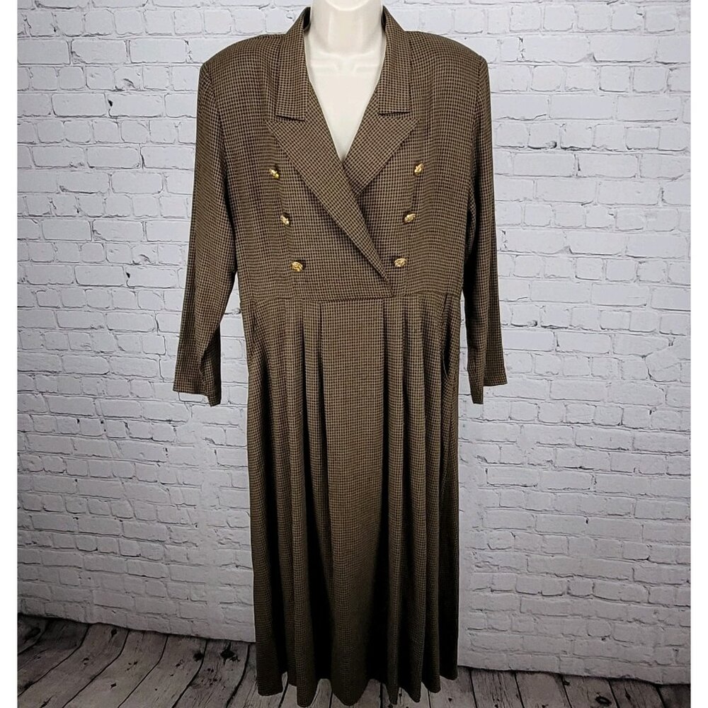 VTG Horchow Black Tan Houndstooth Long Sleeve Pleated Peak Lapel Jacket Dress 12
